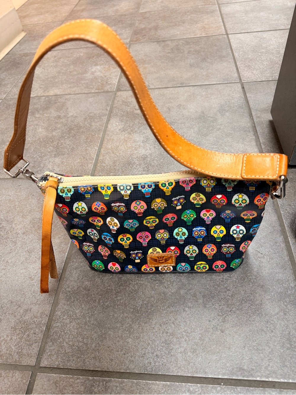 Sugar Skull Print Wristlet with Tan Leather Trim